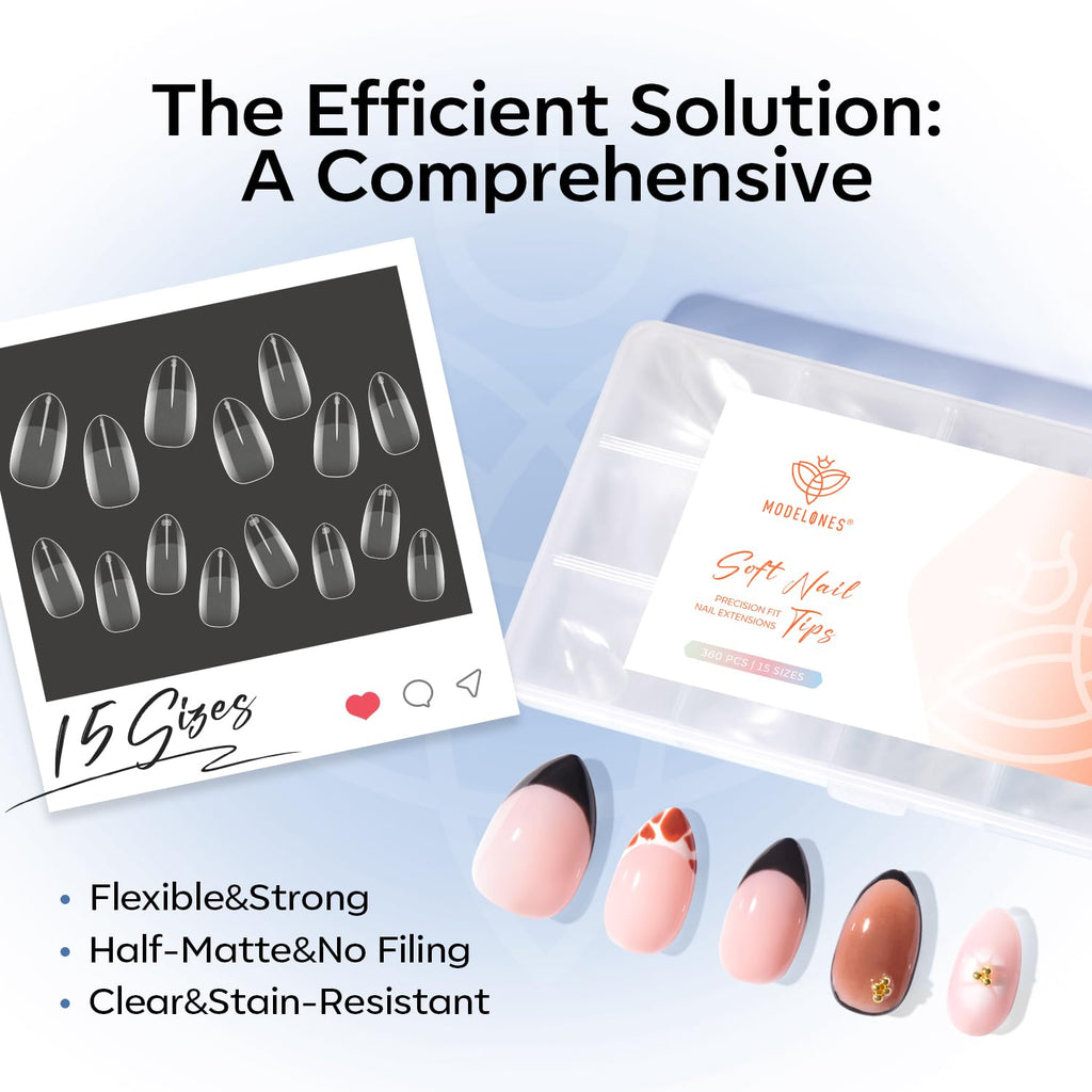 Modelones 360pcs short almond nail tips in 15 sizes. Flexible, strong, and stain-resistant, ideal for easy nail art.