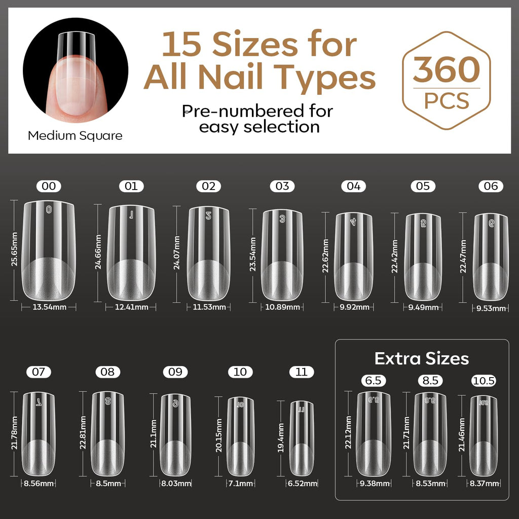 Modelones offers 360 short almond nail tips in 15 sizes, pre-numbered for easy selection. Available online, order now!