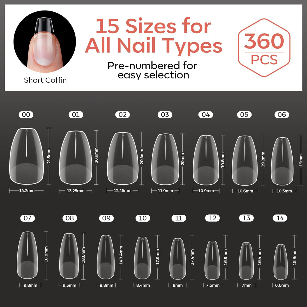 Modelones offers 360pcs of short almond nail tips in 15 sizes for precise application, pre-numbered for easy selection.
