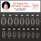 Modelones offers 360pcs of short almond nail tips in 15 sizes for precise application, pre-numbered for easy selection.
