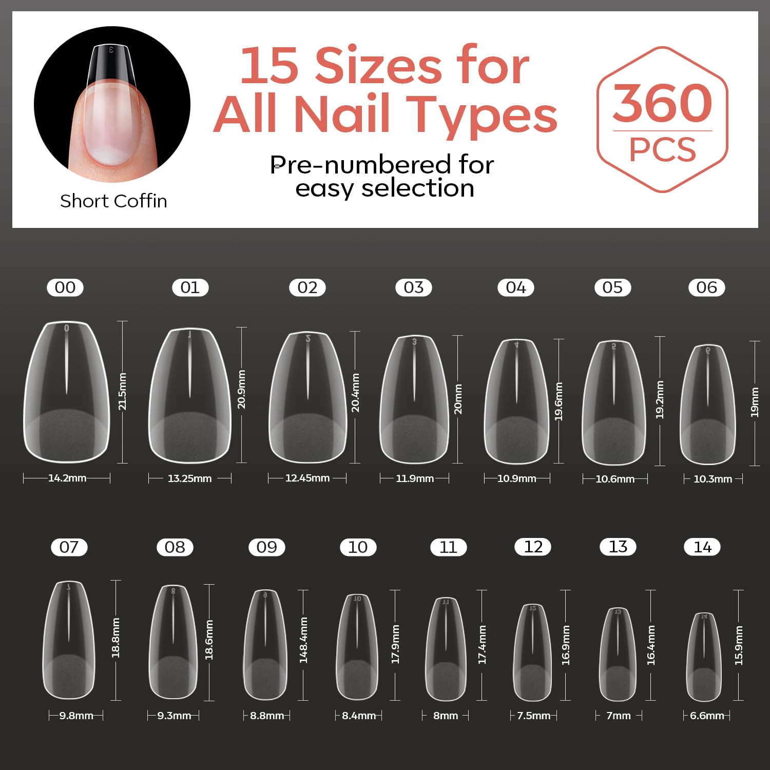Modelones offers 360pcs of short almond nail tips in 15 sizes for precise application, pre-numbered for easy selection.