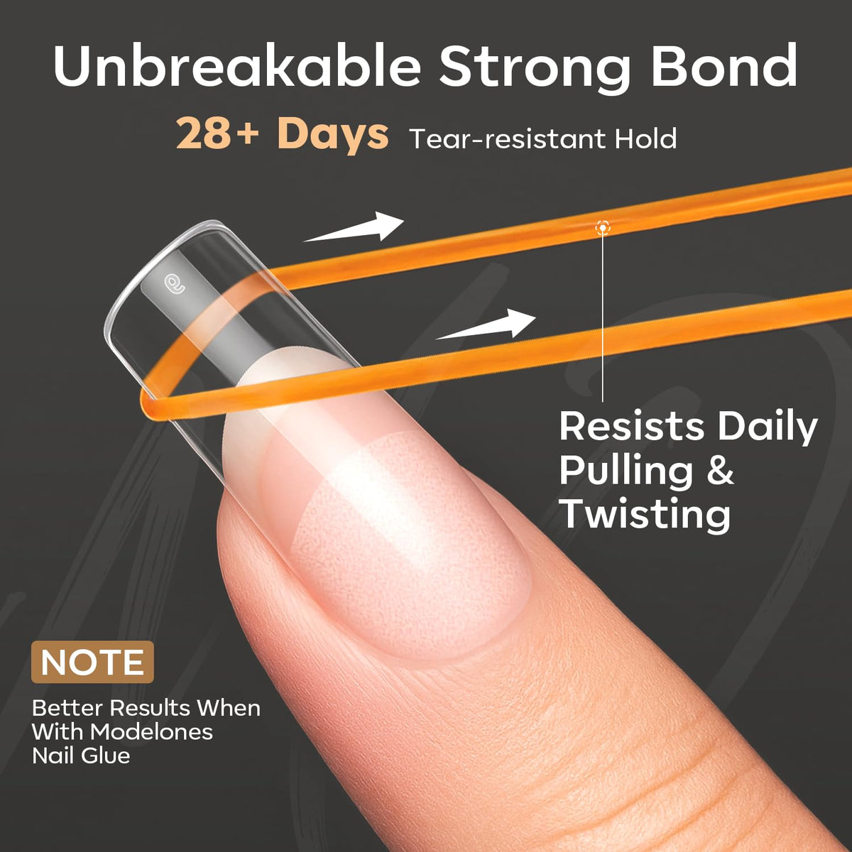 Modelones Short Almond Nail Tips, 360pcs, imported for strong bond and tear-resistant hold lasting over 28 days.