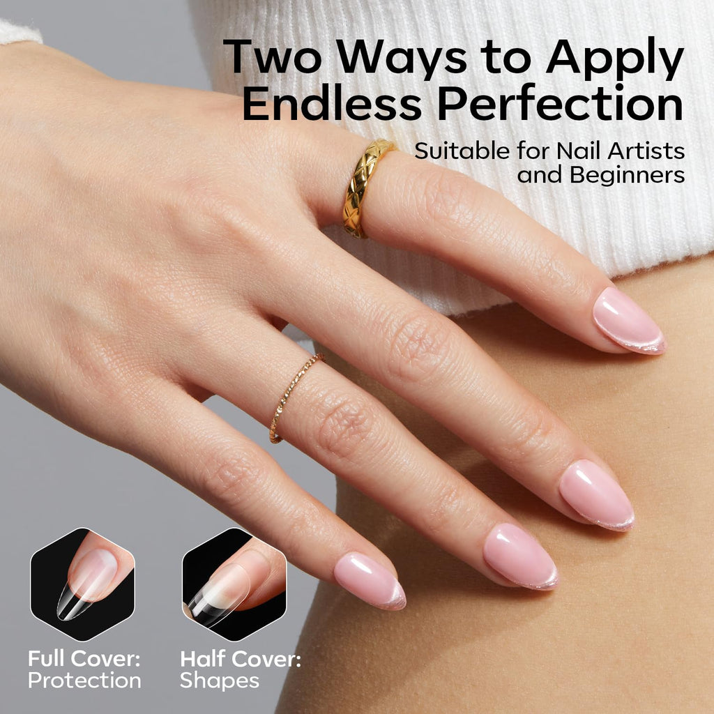 Modelones 360pcs almond nail tips showcase two application methods: full cover for protection and half cover for shaping. Ideal for all skill levels.