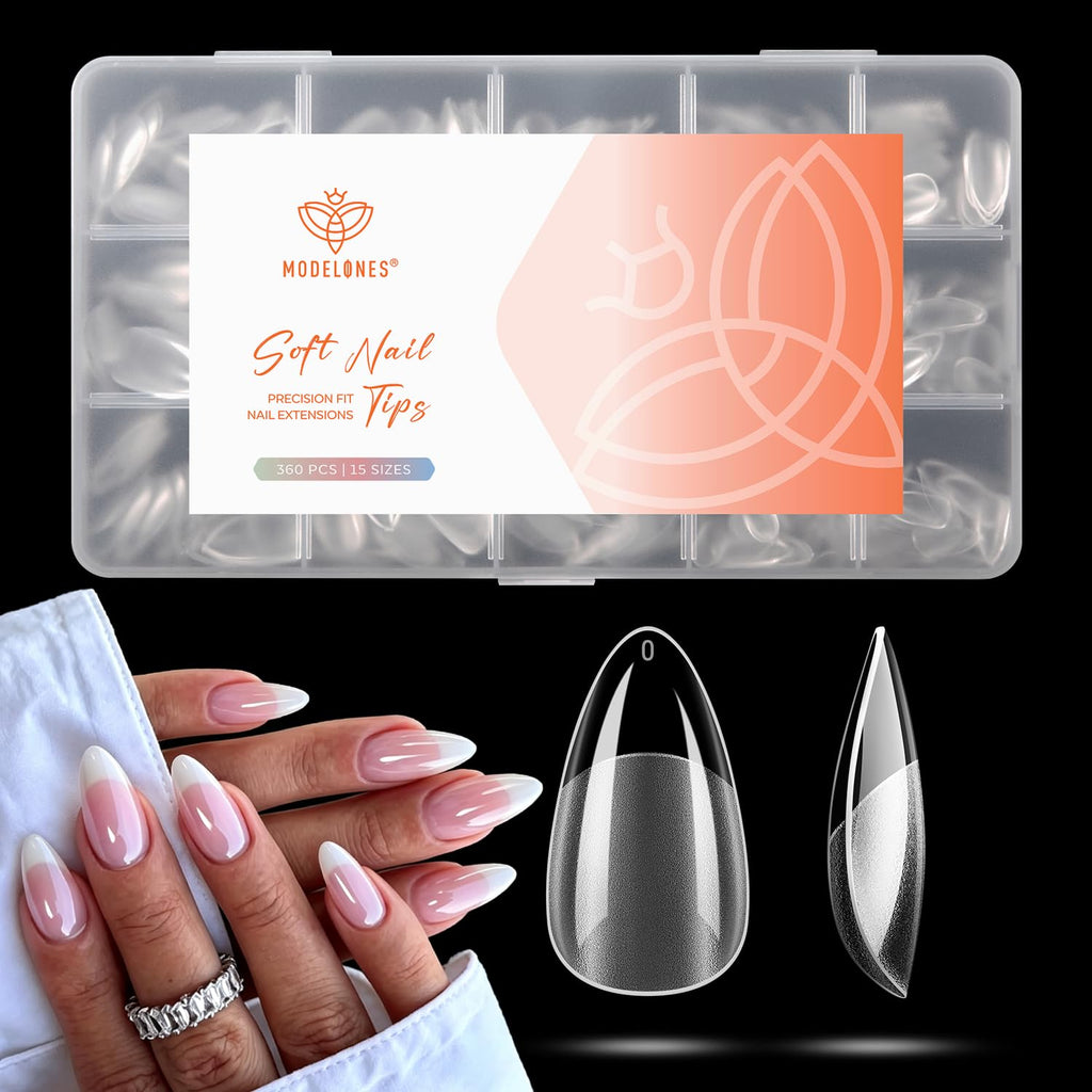Discover Modelones 360pcs Short Almond Nail Tips in a sleek case, perfect for professional or DIY nail extensions. 100% genuine product.