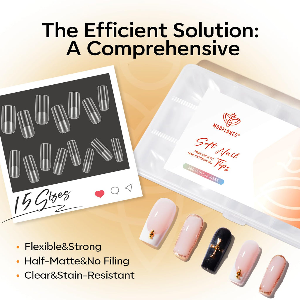 Modelones 360pcs short almond nail tips, 15 sizes included. Flexible, strong, clear, stain-resistant, and half-matte finish. Verified by CuratCart.