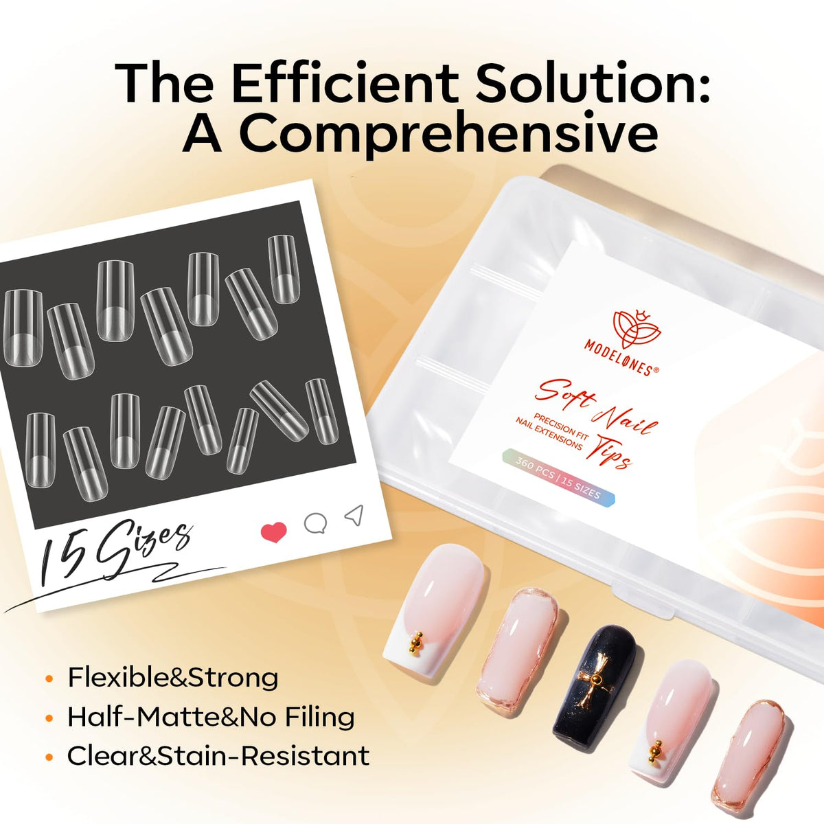 Modelones 360pcs short almond nail tips, 15 sizes included. Flexible, strong, clear, stain-resistant, and half-matte finish. Verified by CuratCart.