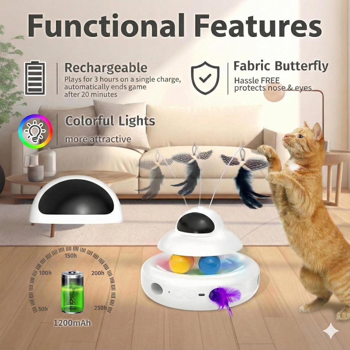 Discover the MOHAYA Interactive Cat Toy, a premium imported delight with colorful lights and fabric butterfly, available at Curat Cart.
