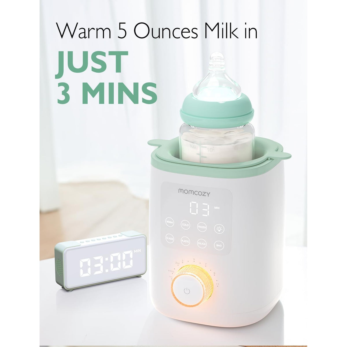Momcozy Baby Bottle Warmer in high-quality finish, warming 5 ounces of milk in just 3 minutes. Available at Curat Cart.