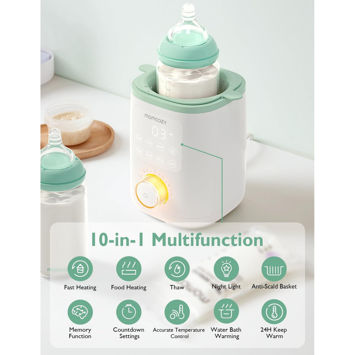 Discover the Momcozy Baby Bottle Warmer, a 10-in-1 multifunctional device, specially curated by Curat Cart for your convenience.