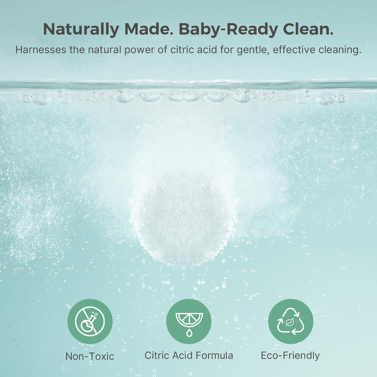 Momcozy Descaling Tablets dissolve in water, showcasing their eco-friendly properties and non-toxic citric acid formula, available at Curat Cart.