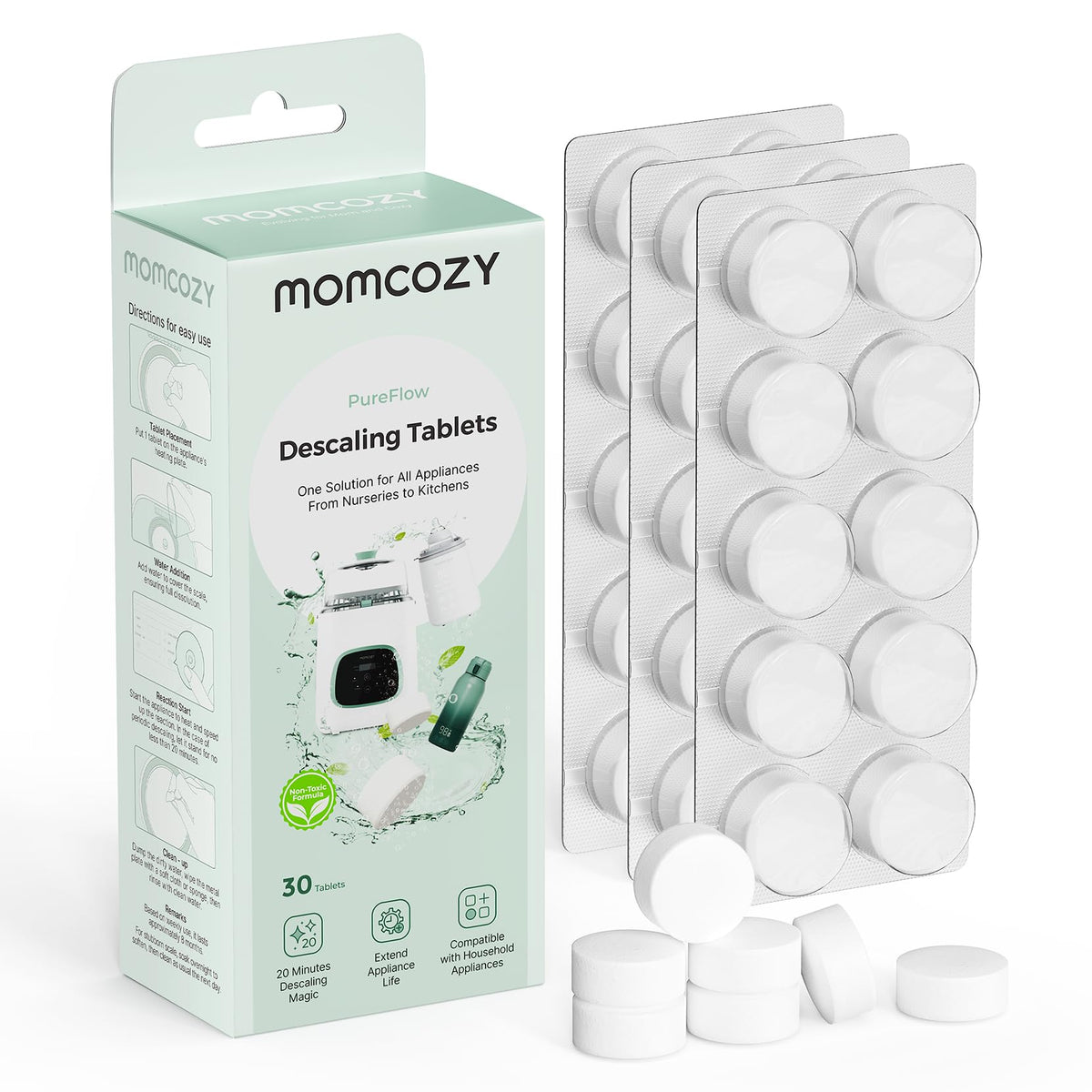 Momcozy Descaling Tablets offer premium imported cleaning for appliances. Perfect for maintaining your kitchen and nursery tools. Available at Curat Cart.