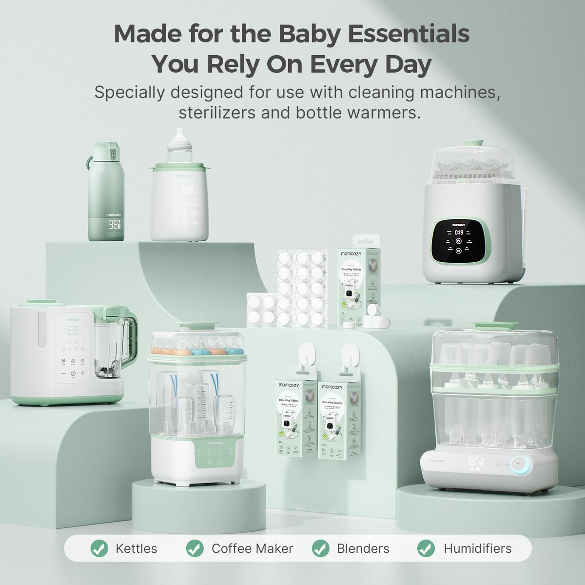 Momcozy Descaling Tablets, specially curated by Curat Cart for cleaning machines and baby essentials. Perfect for maintaining hygiene.