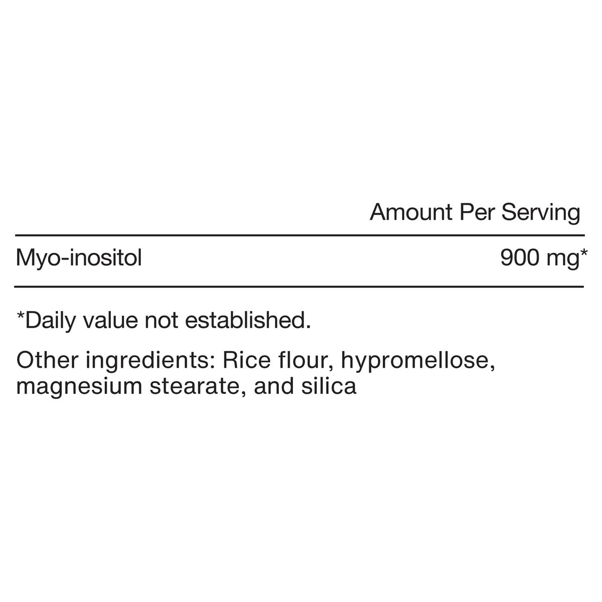 Myo-Inositol Supplement nutritional label showing 900 mg per serving. 100% Authentic and available at Curat Cart in India.
