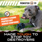 The Monster K9 Ring Ball showcases its durable, proprietary rubber compound, designed tough for destroyers, available at Curat Cart.