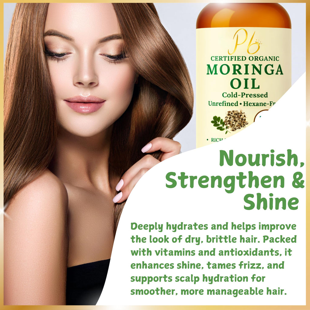 Premium USDA Organic Moringa Oil in high-quality packaging, ideal for hydration and hair care. Available at Curat Cart.