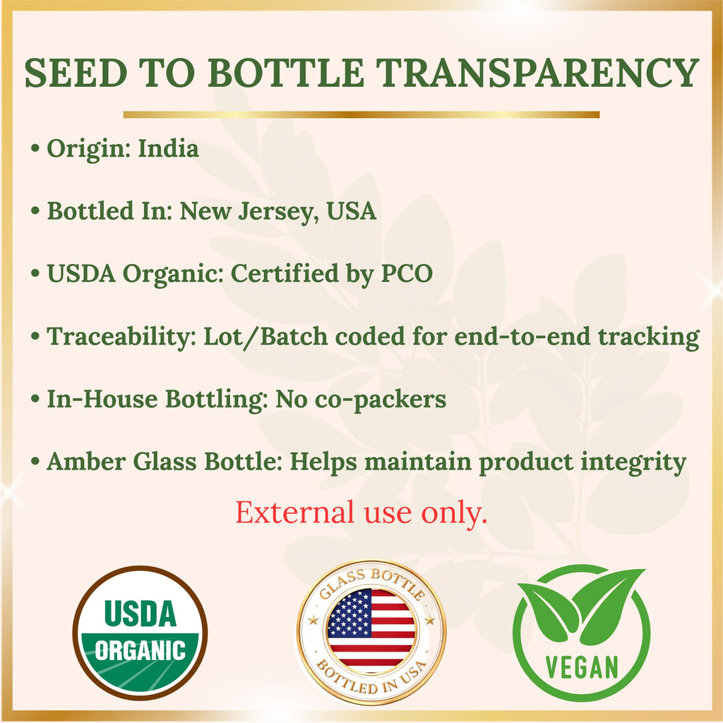 High-quality amber glass bottle of USDA Organic Moringa Oil, showcasing premium packaging and transparency details. Available at Curat Cart.