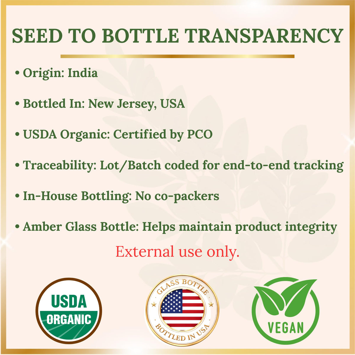 High-quality amber glass bottle of USDA Organic Moringa Oil, showcasing premium packaging and transparency details. Available at Curat Cart.