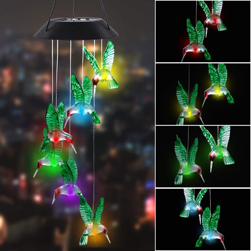 Bright and colorful MorTime LED Solar Hummingbird Chime, a premium import from Curat Cart, perfect for outdoor decor.