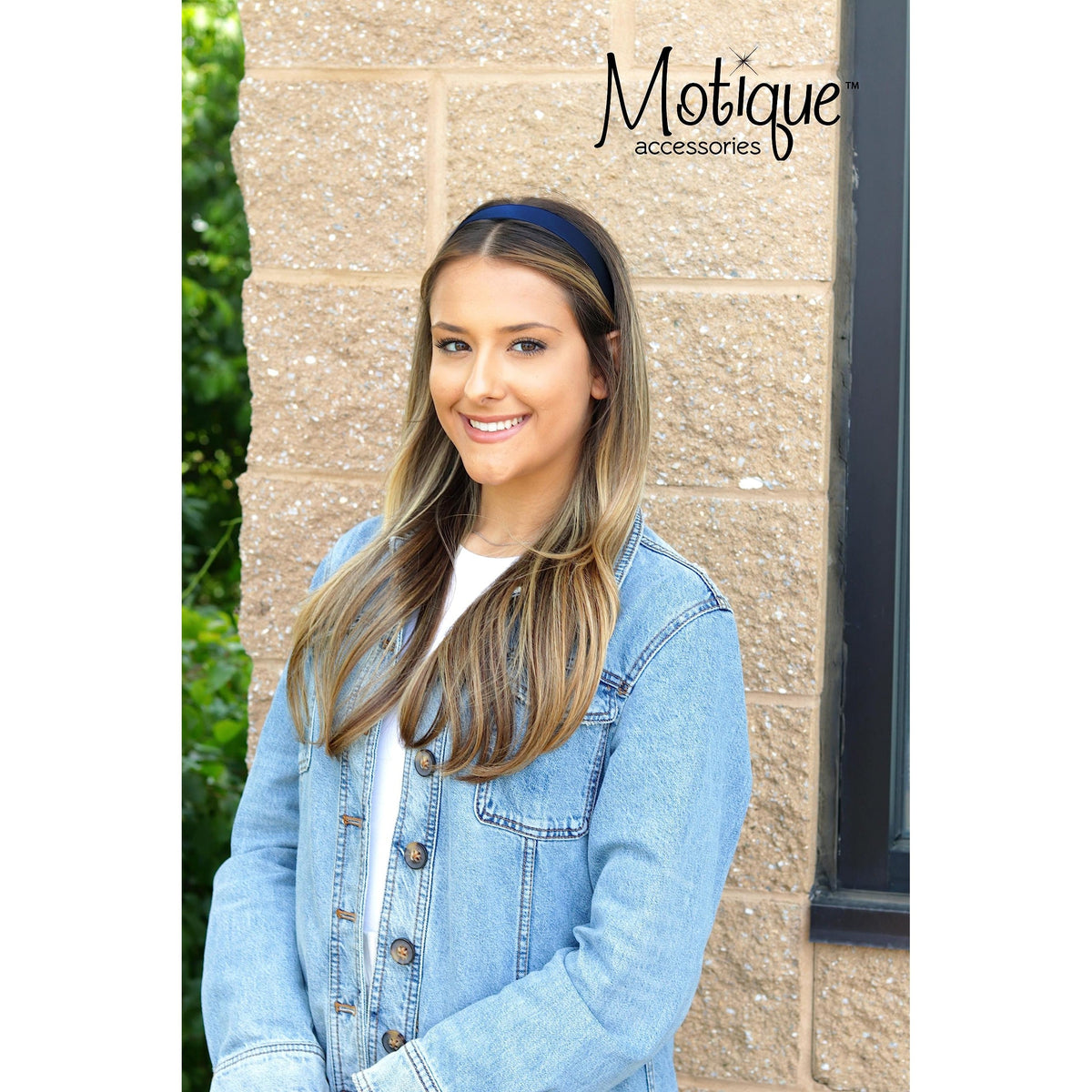 Motique Accessories 1 Inch Satin Hard Headband showcased by a model, featuring a stylish and elegant look.