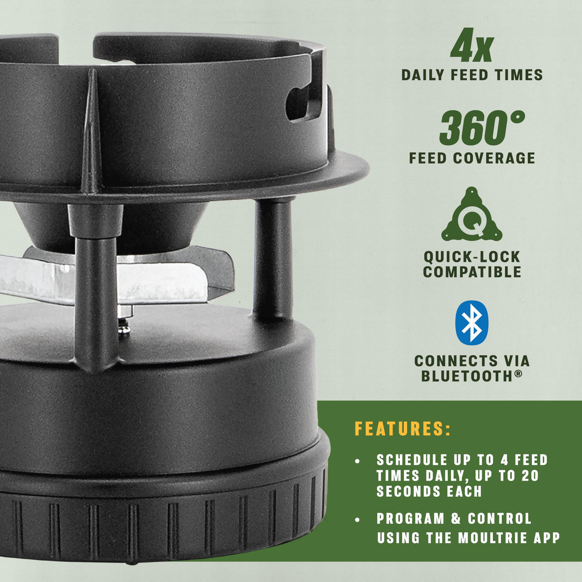 Moultrie All-in-One Feeder Kit offers 4x daily feed times, 360° coverage, and Bluetooth connectivity. 100% Authentic, Available in India at Curat Cart.