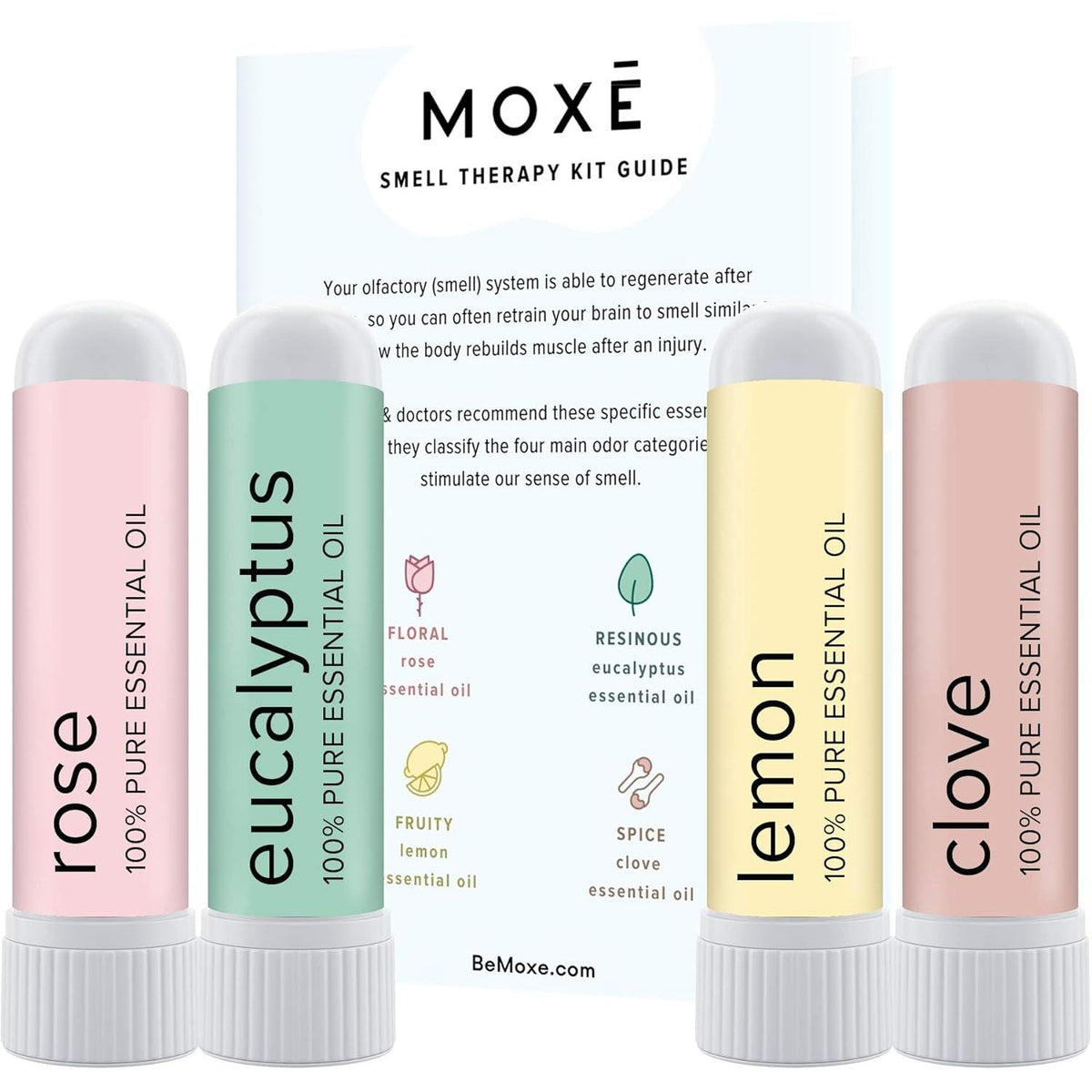 Premium imported MOXÄ’ Smell Training Kit featuring essential oils: rose, eucalyptus, lemon, and clove for olfactory therapy.