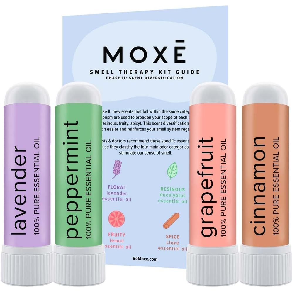MOXÄ’ Smell Training Kit featuring lavender, peppermint, grapefruit, and cinnamon essential oils with an informative guide.