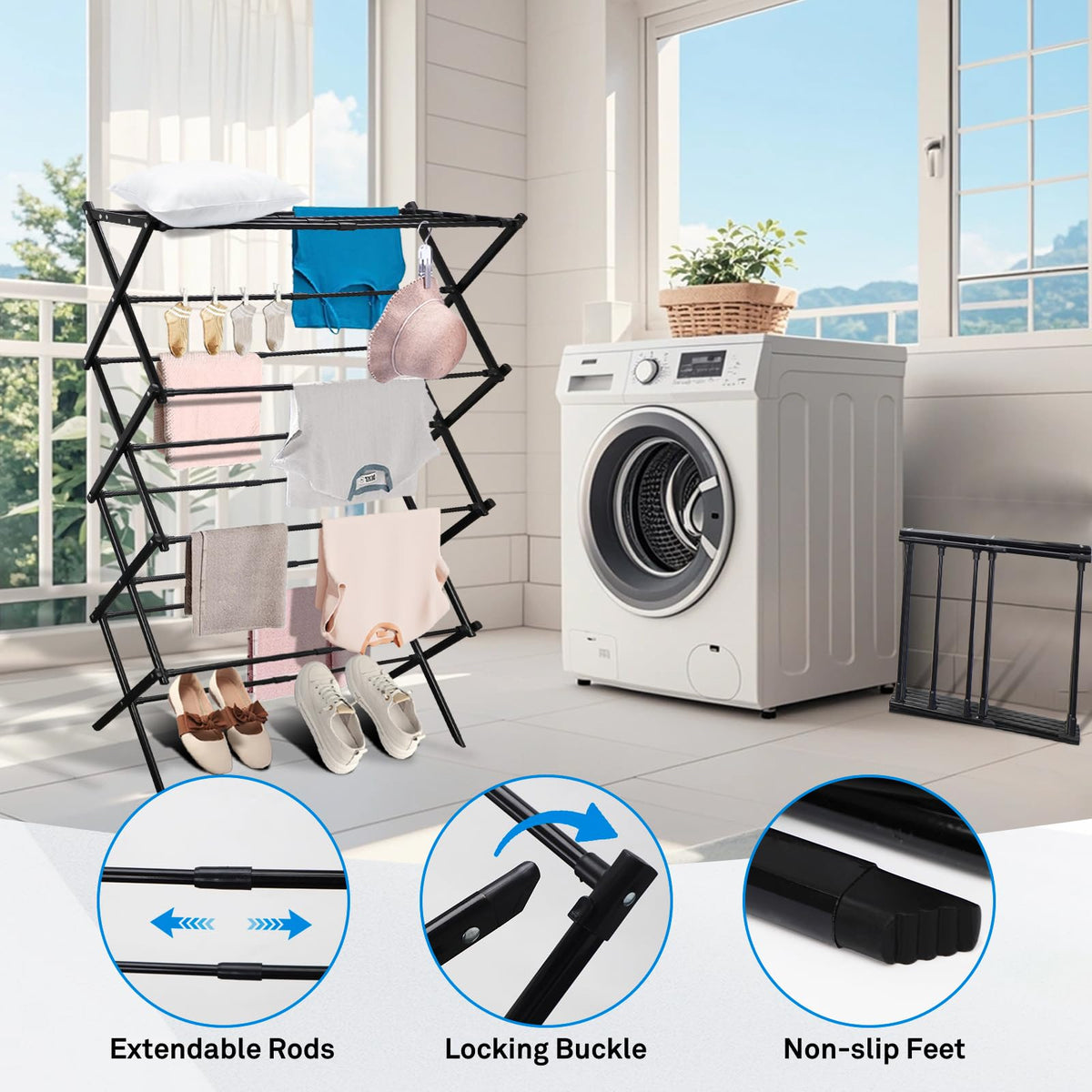 MOYEE Drying Rack with extendable rods and non-slip feet, 100% Authentic and available in India at Curat Cart.