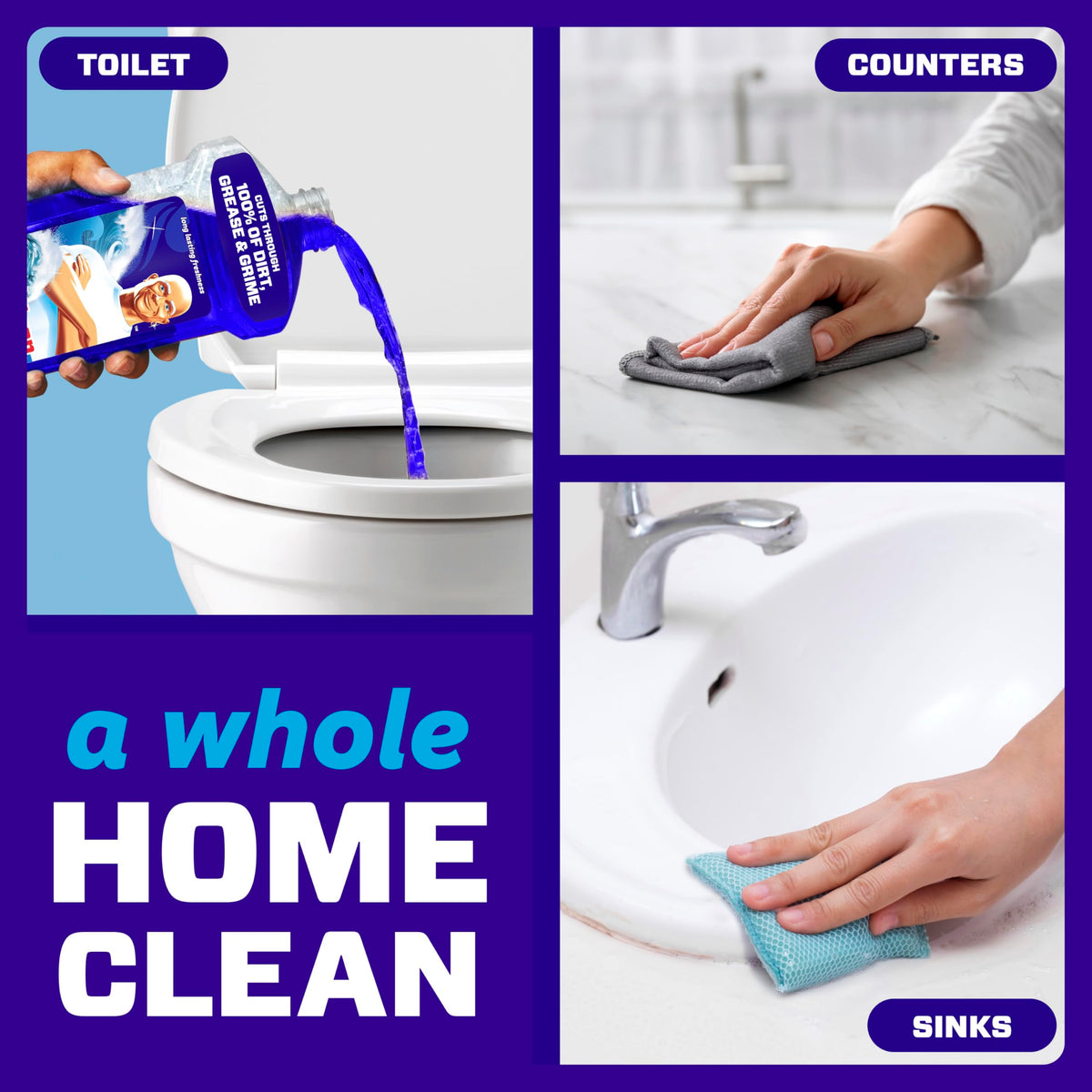 Mr. Clean All Purpose Cleaner demonstrates versatility for toilets, counters, and sinks in high-quality packaging. Available at Curat Cart.