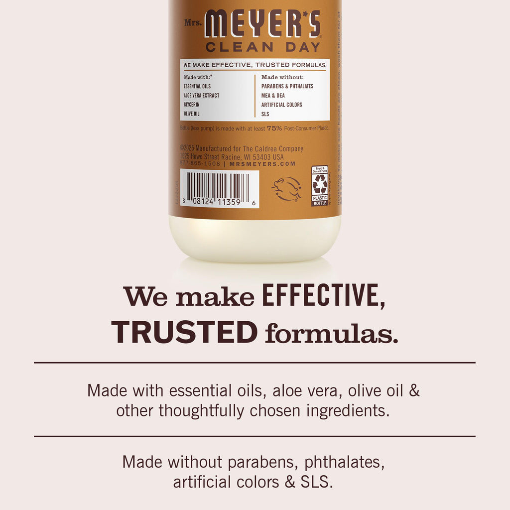 Mrs. Meyer's Clean Day Liquid Hand Soap features trusted formulas with essential oils and natural ingredients, no harmful additives.