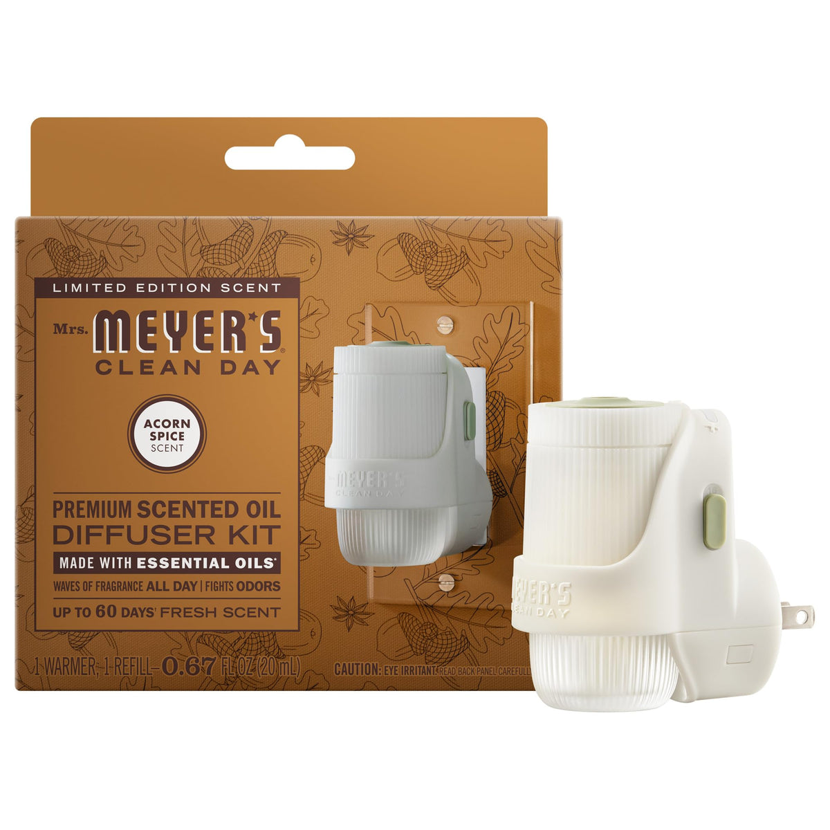 Mrs. Meyer's Clean Day premium scented oil diffuser kit, an international favorite available at Curat Cart, infuses spaces with lasting acorn spice fragrance.