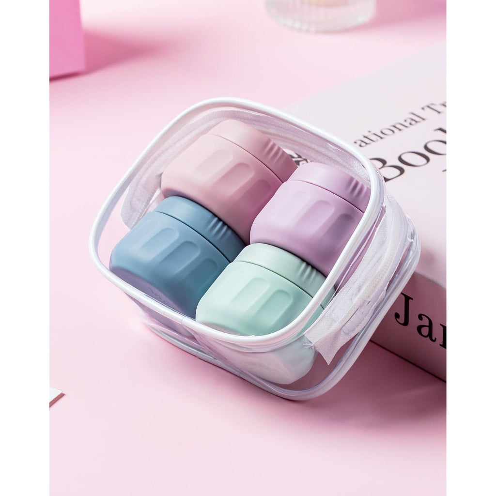 Mrsdry travel containers for toiletries in pastel colors, neatly arranged in a clear case, perfect for travel and organization.