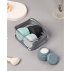 Four leak-proof travel containers in a clear zip pouch. Perfect for toiletries. Order online and travel smart.