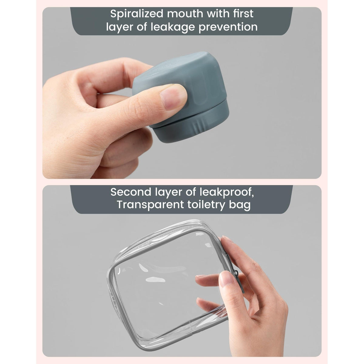 Mrsdry travel containers feature a spiral top for leak prevention and a clear, durable toiletry bag for organized storage.
