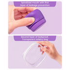 Featuring a spiralized mouth design for leak prevention, these containers include a clear, transparent toiletry bag.