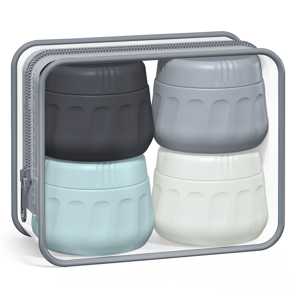 Authentic Mrsdry travel containers for toiletries in zippered case. Includes four multi-colored, durable bottles.