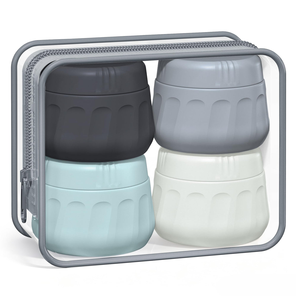 Set of four Mrsdry travel containers for toiletries in a zippered clear pouch. Available online for easy ordering.