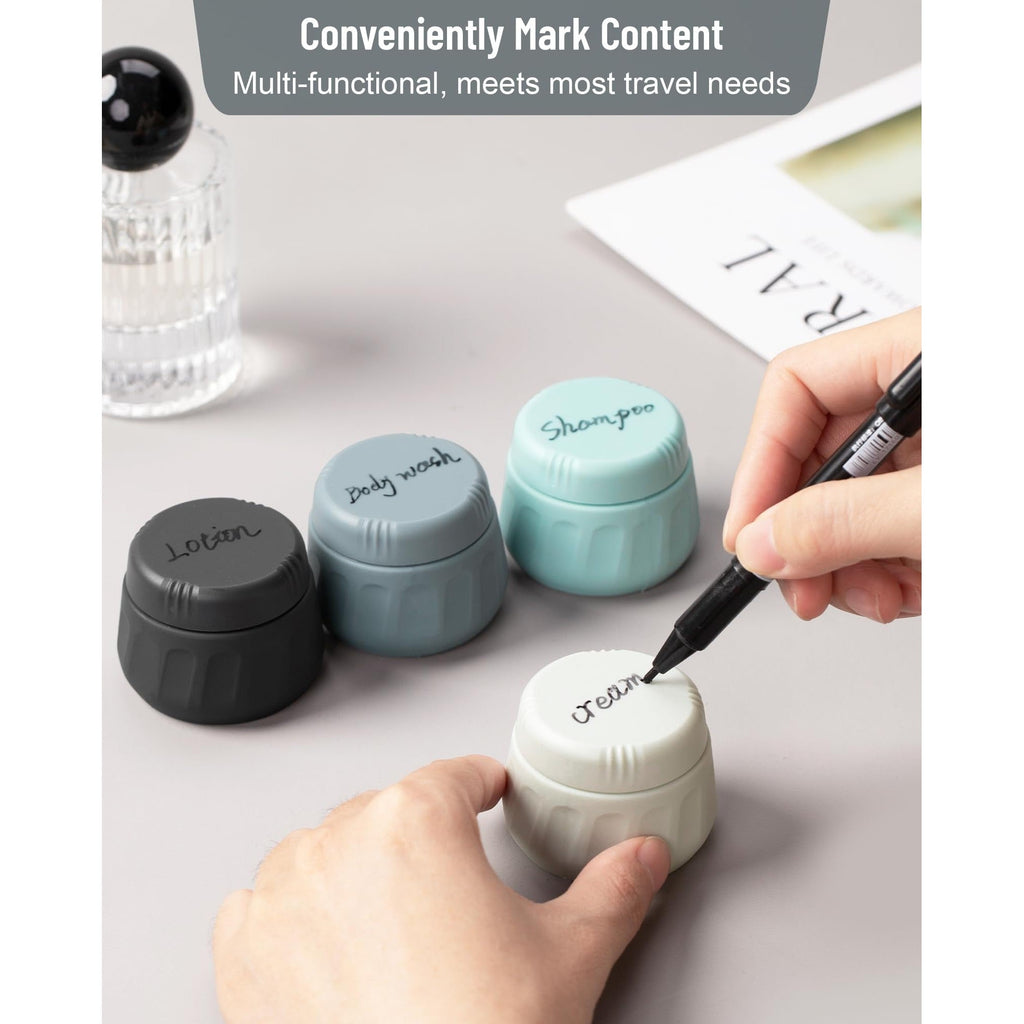 Set of four labeled travel containers for toiletries, ideal for travel. Verified by CuratCart for quality assurance.
