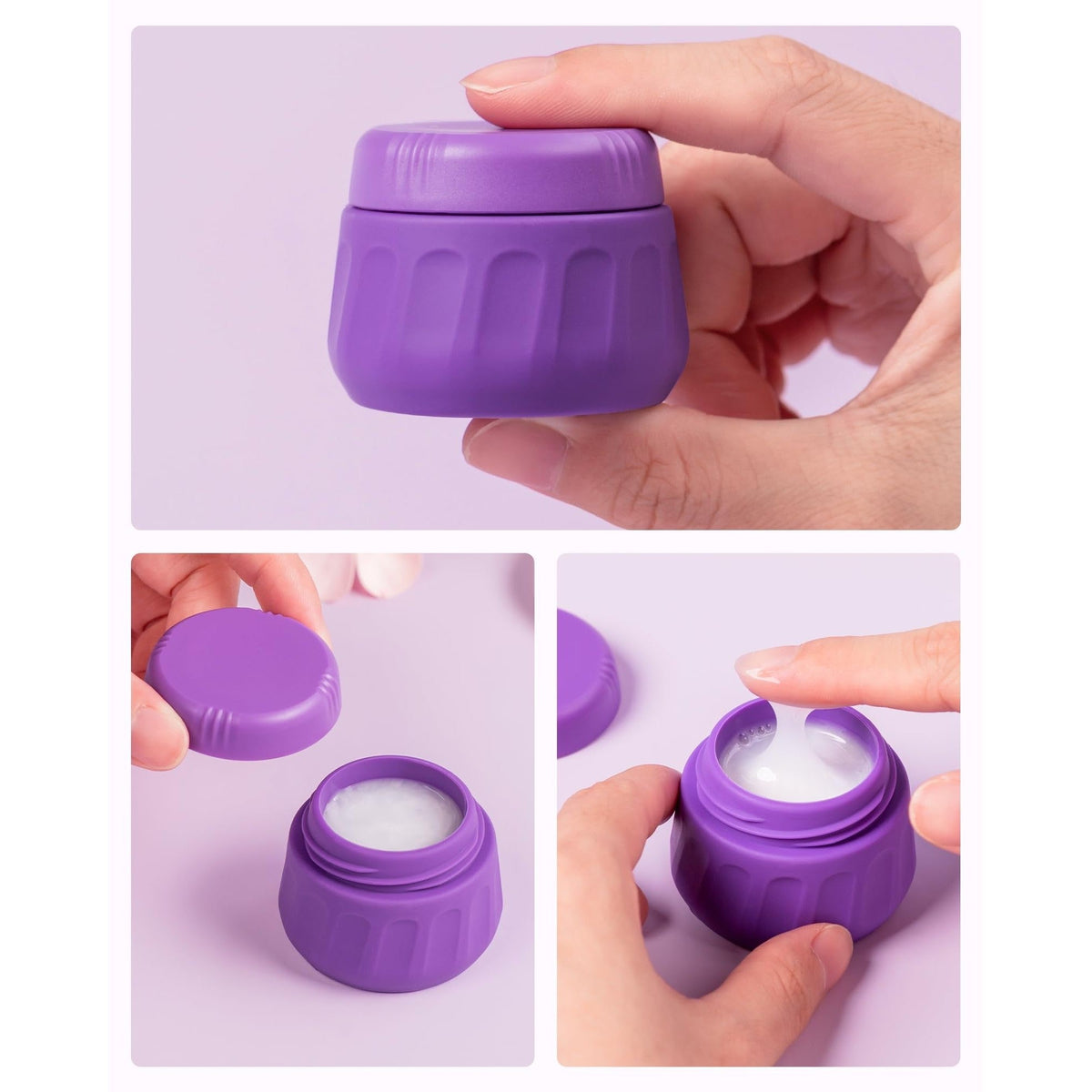Compact purple container for toiletries; hand-held with lid open, showcasing smooth inner surface and perfect for travel.