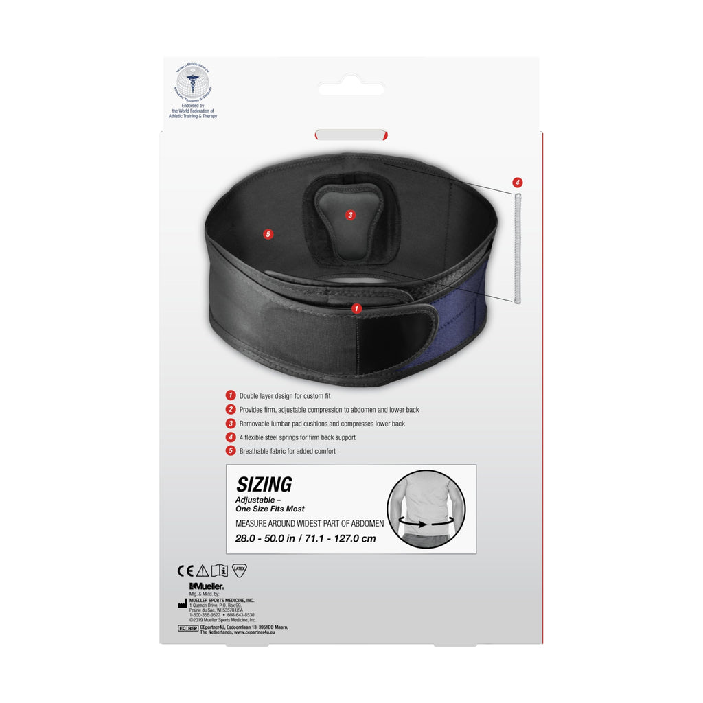 MUELLER Adjustable Lumbar Back Brace in official packaging, designed for comfort and support. Available at Curat Cart.
