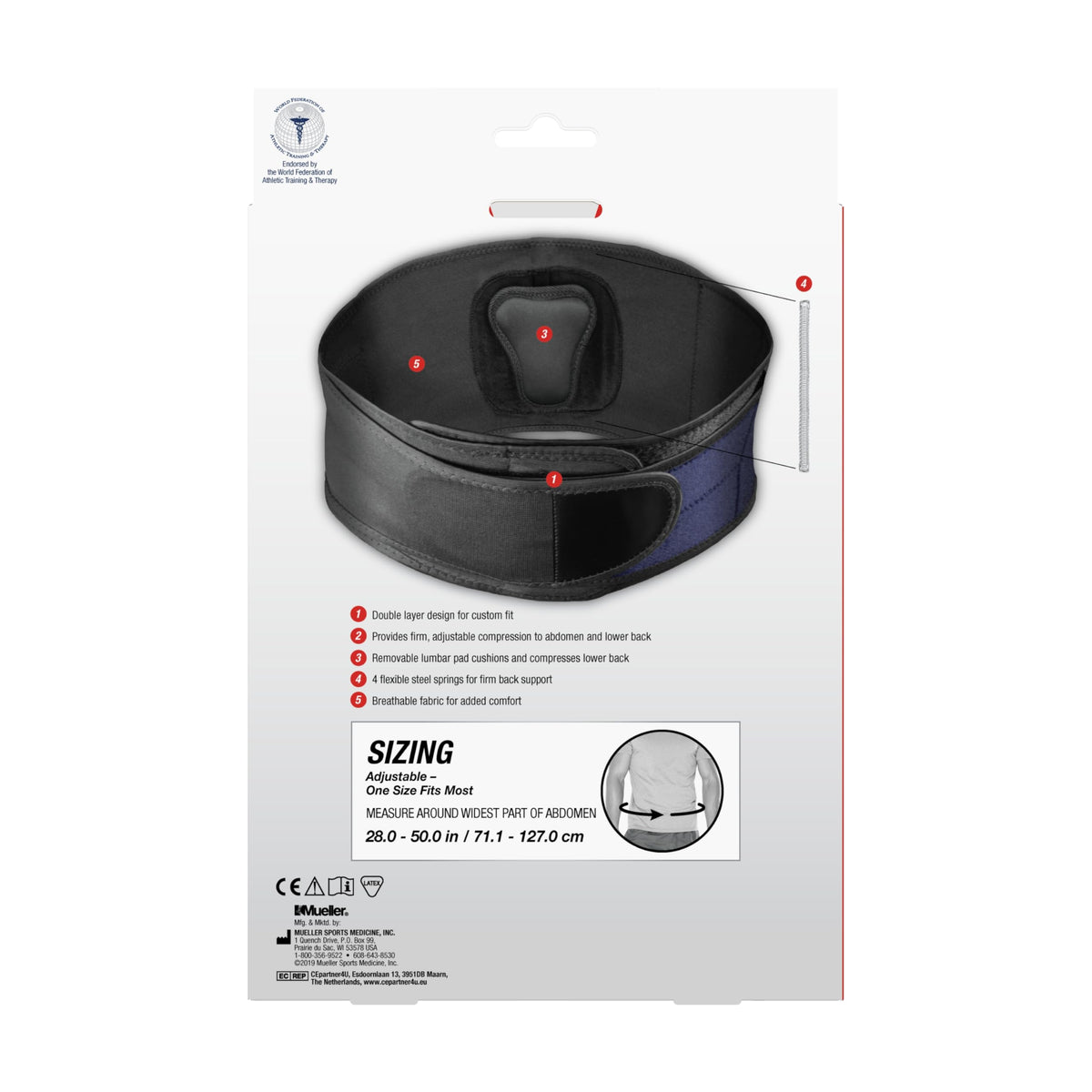 MUELLER Adjustable Lumbar Back Brace in official packaging, designed for comfort and support. Available at Curat Cart.