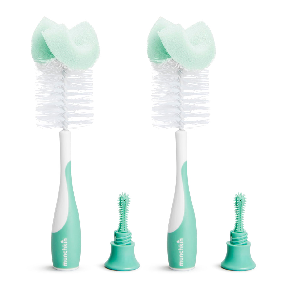 Authentic Munchkin Sponge Bottle Brush set featuring two brushes for effective cleaning of baby bottles.