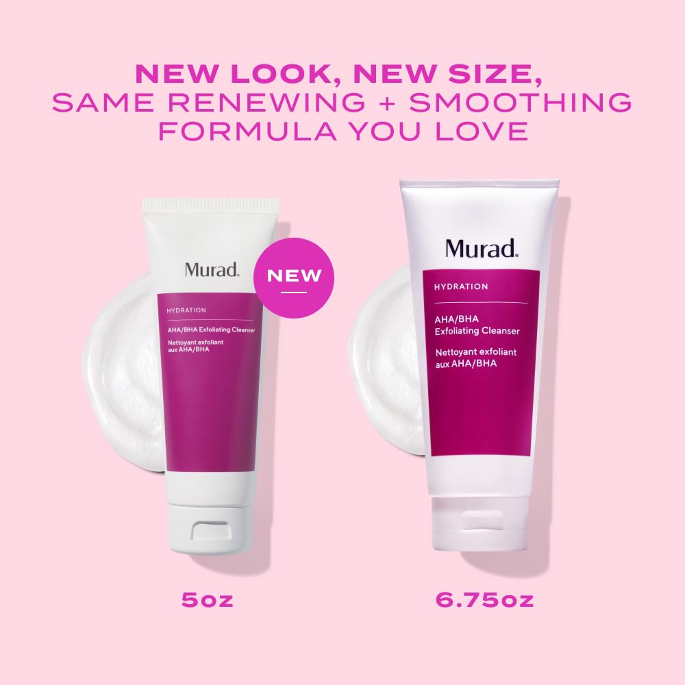 Murad AHA/BHA Exfoliating Cleanser with new packaging, featuring 5oz and 6.75oz sizes on a pink background.