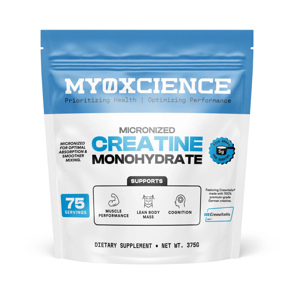 MYOXCIENCE Micronized Creatine Monohydrate pack, 75 servings, supports muscle mass and cognition. Verified by CuratCart.