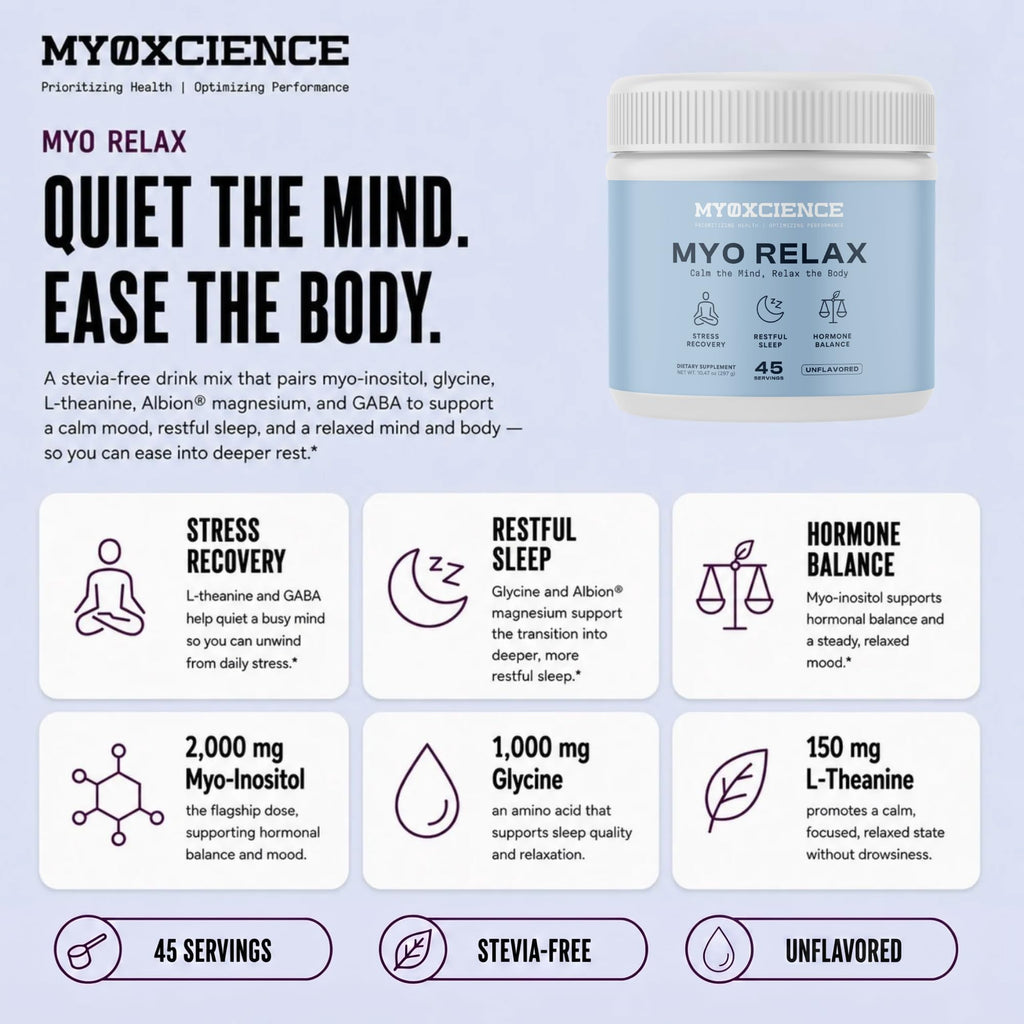 Myo Relax & Calm by MYOXCIENCE promotes stress relief and restful sleep. Ideal for daily use, available at Curat Cart.