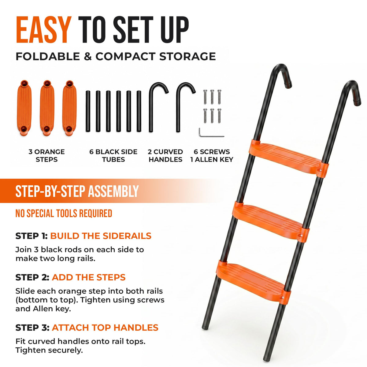 Curat Cart presents the N1Fit Trampoline Ladder with easy setup instructions for effortless assembly and compact storage.