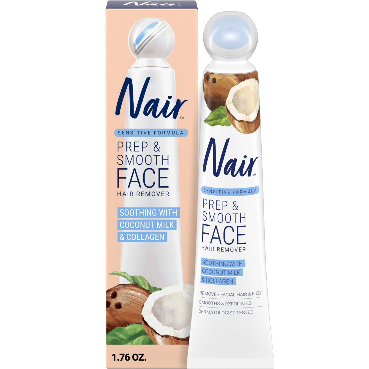 100% genuine Nair Exfoliating Facial Hair Removal Cream with coconut milk & collagen, dermatologically tested for smooth skin.