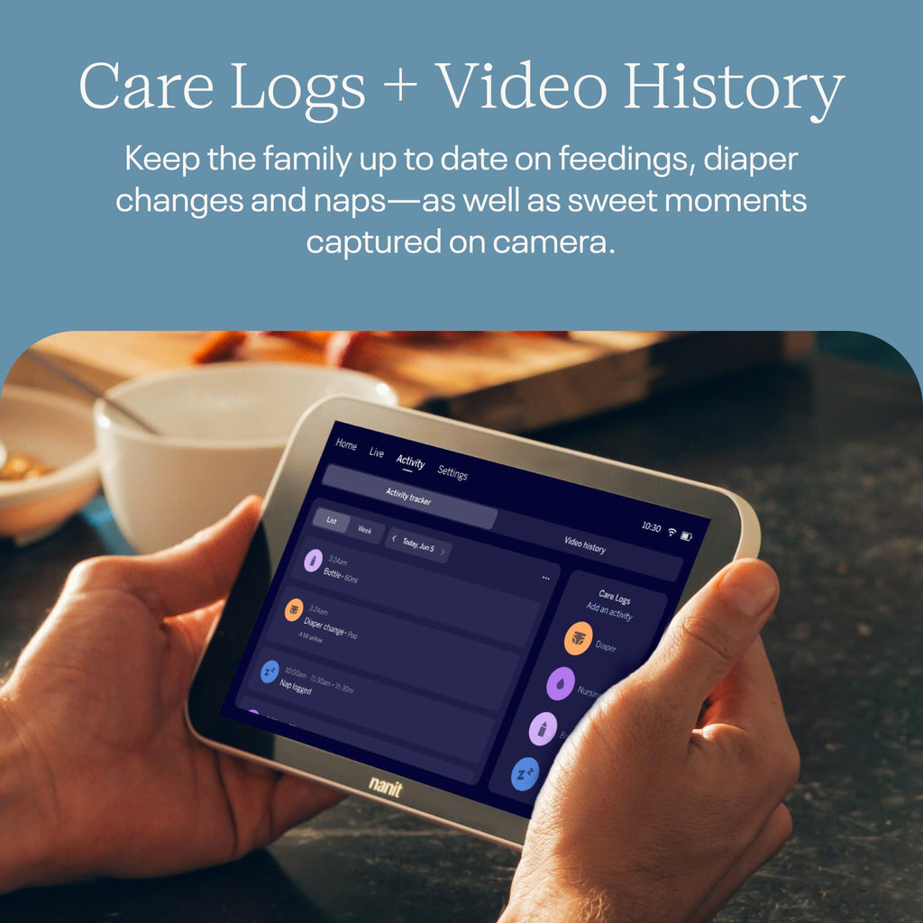 Nanit Baby Video Monitor features care logs and video history to track feedings and naps. Official packaging from Curat Cart.