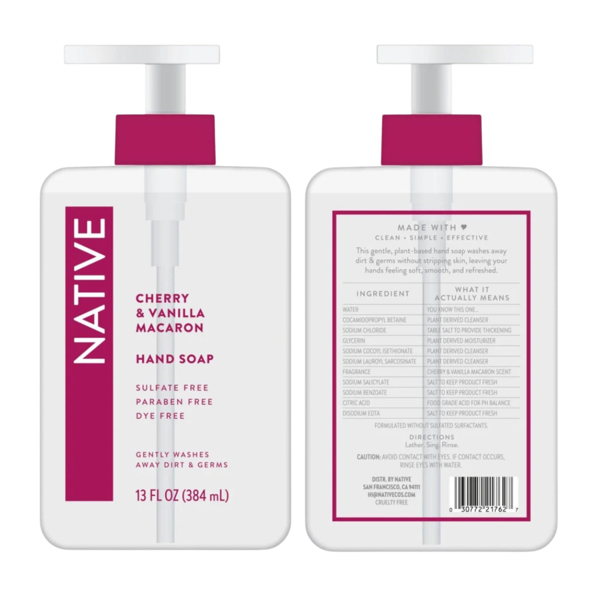 Native Cherry & Vanilla Macaron hand soap, 13 FL OZ, sulfate and paraben free. Verified by CuratCart for quality assurance.