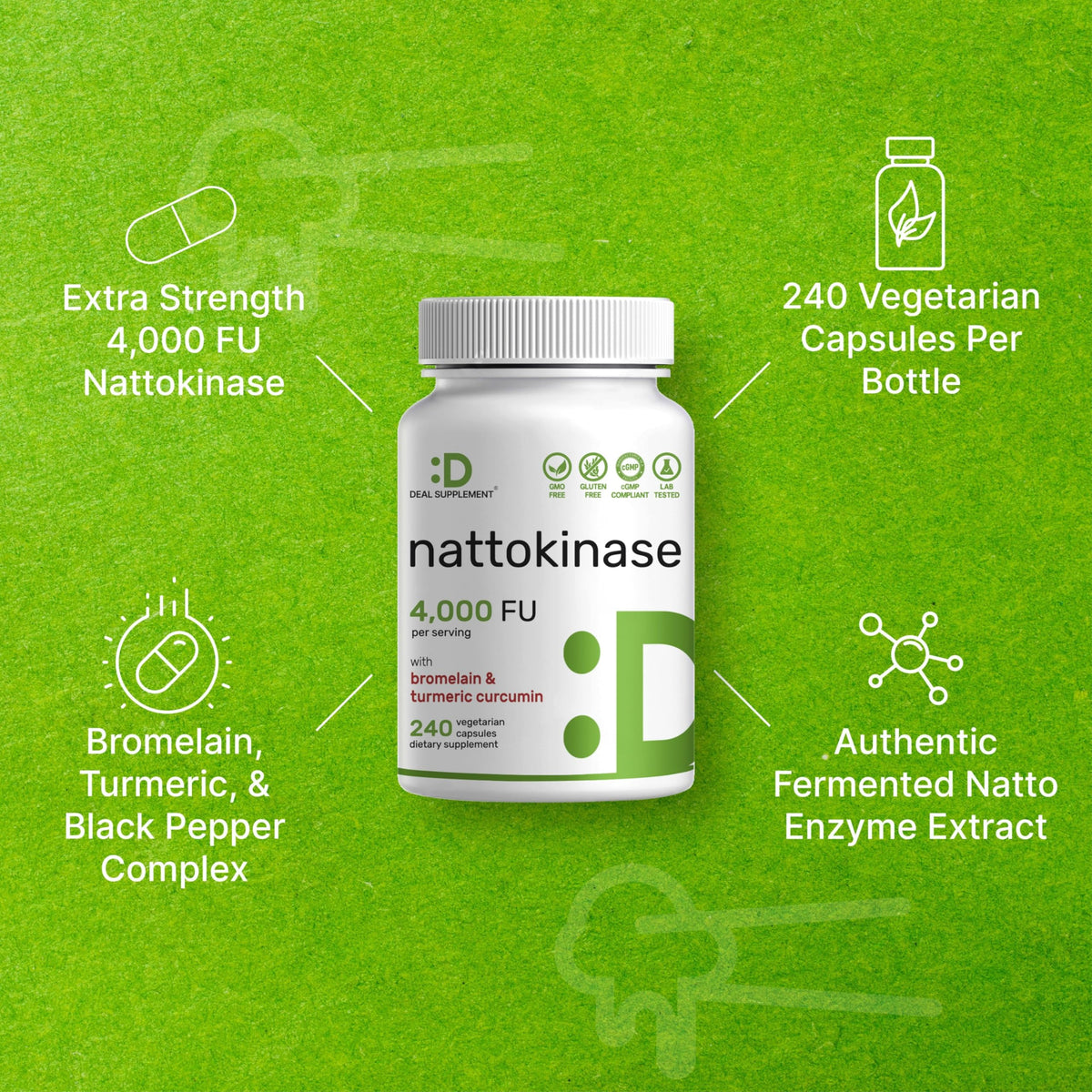 Discover exclusive Nattokinase Supplement with Bromelain at Curat Cart, featuring 240 vegetarian capsules for optimal health.