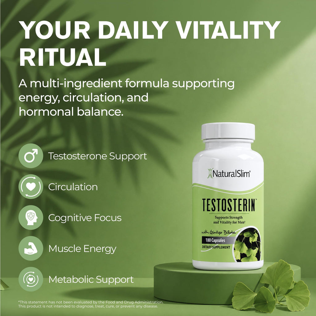 NaturalSlim Testosterin Support in official packaging enhances testosterone support, energy, and hormonal balance. Available at Curat Cart.